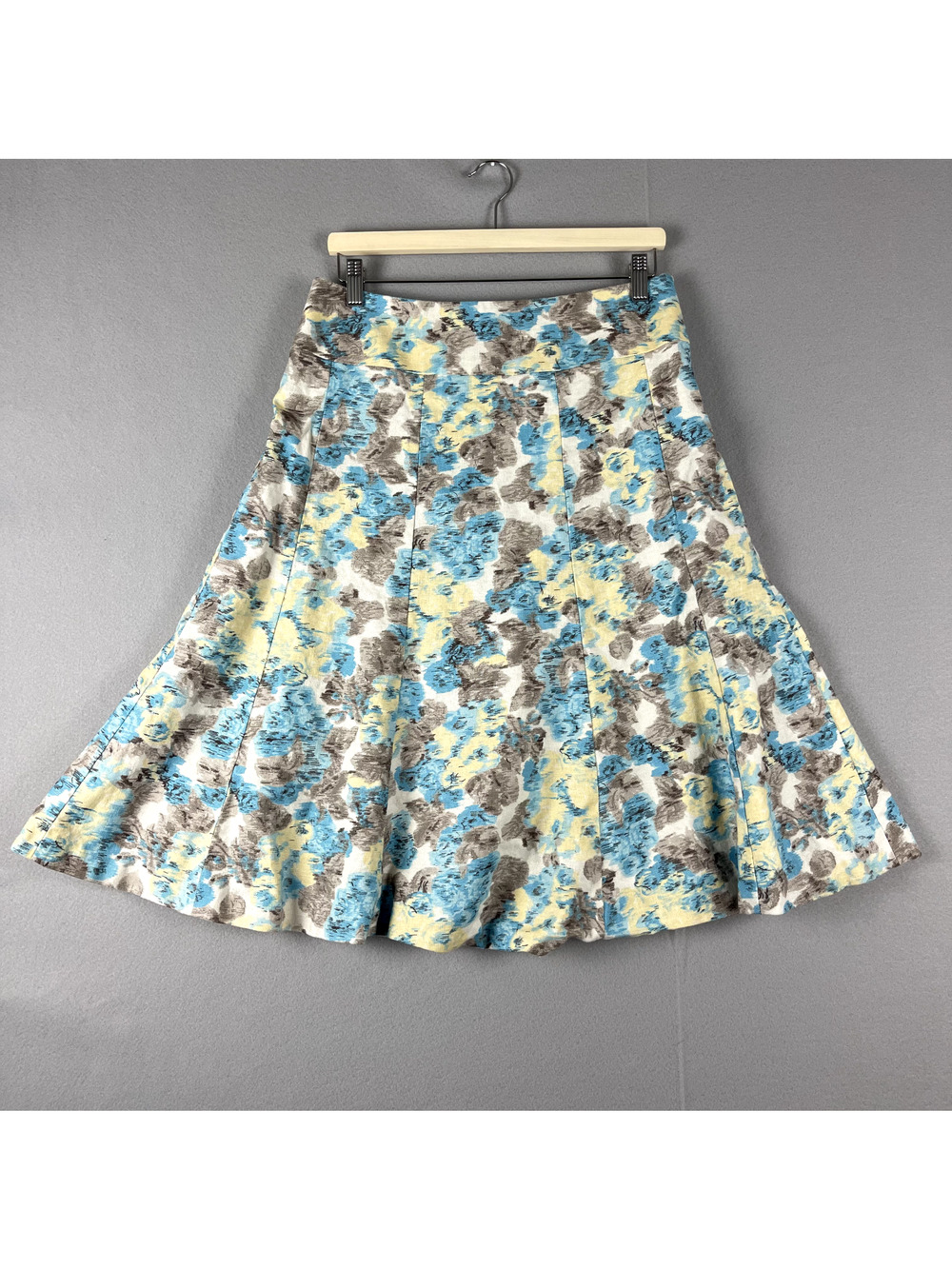 Boden Linen Blend Skirt Womens 14L Blue Floral A Line Midi Lined Classic Preppy